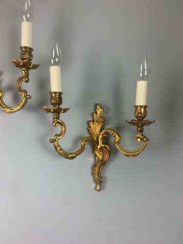 Pair Of French Gilt Brass Antique Wall Lights, Rewired