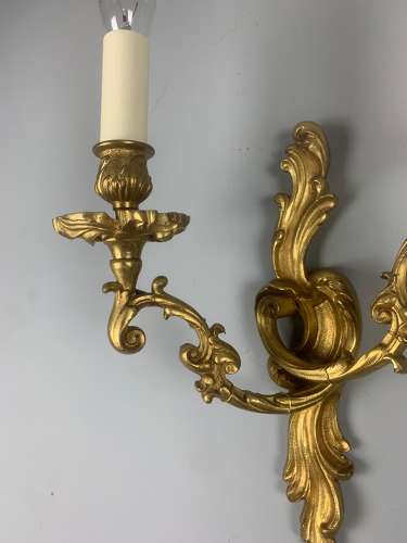 Pair Of French Gilt Brass Antique Wall Lights, Rewired