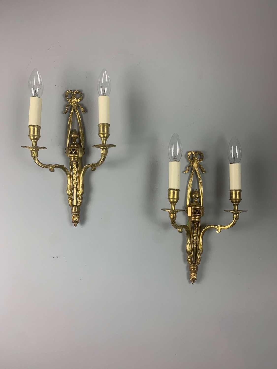 Pair Of English Ribbon Brass Antique Wall Lights, Rewired