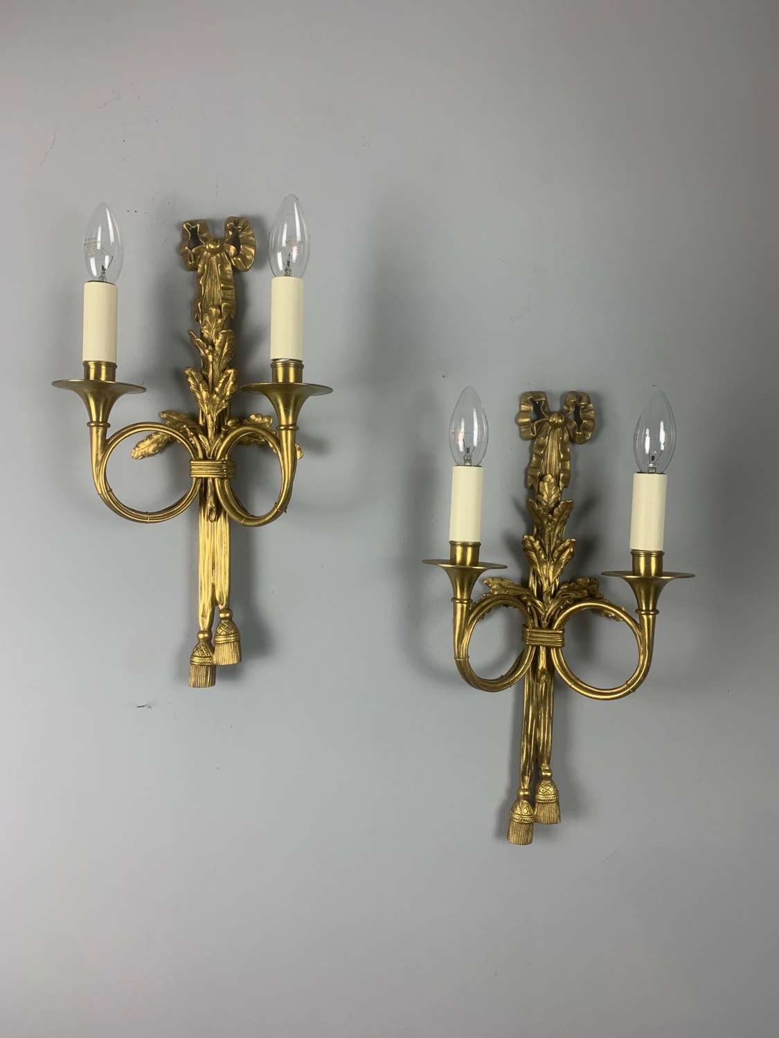 Pair Of French Trumpet Brass Antique Wall Lights, Rewired