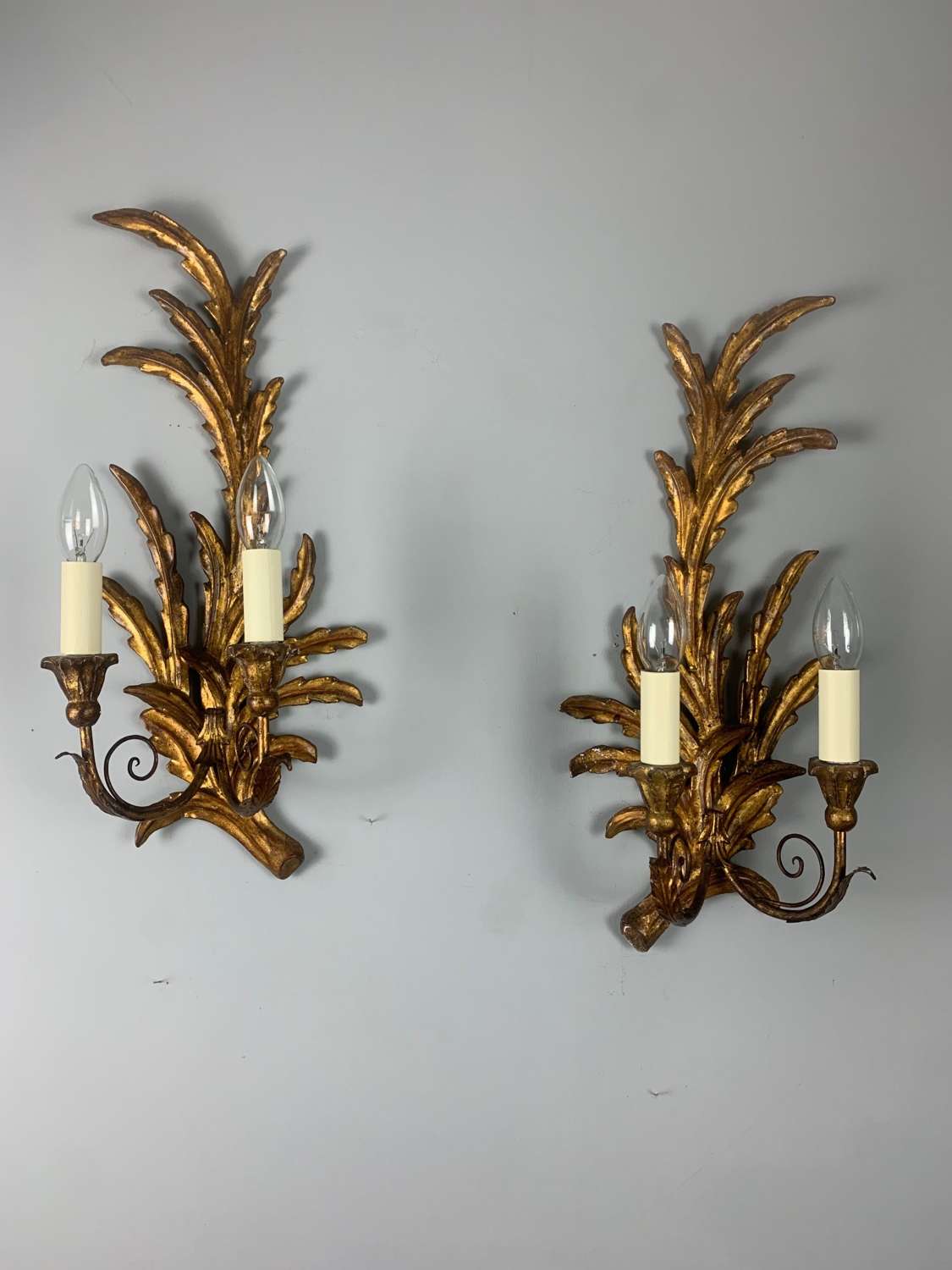 Florentine Italian Pair Of Giltwood Leaf Antique Wall Lights, Rewired