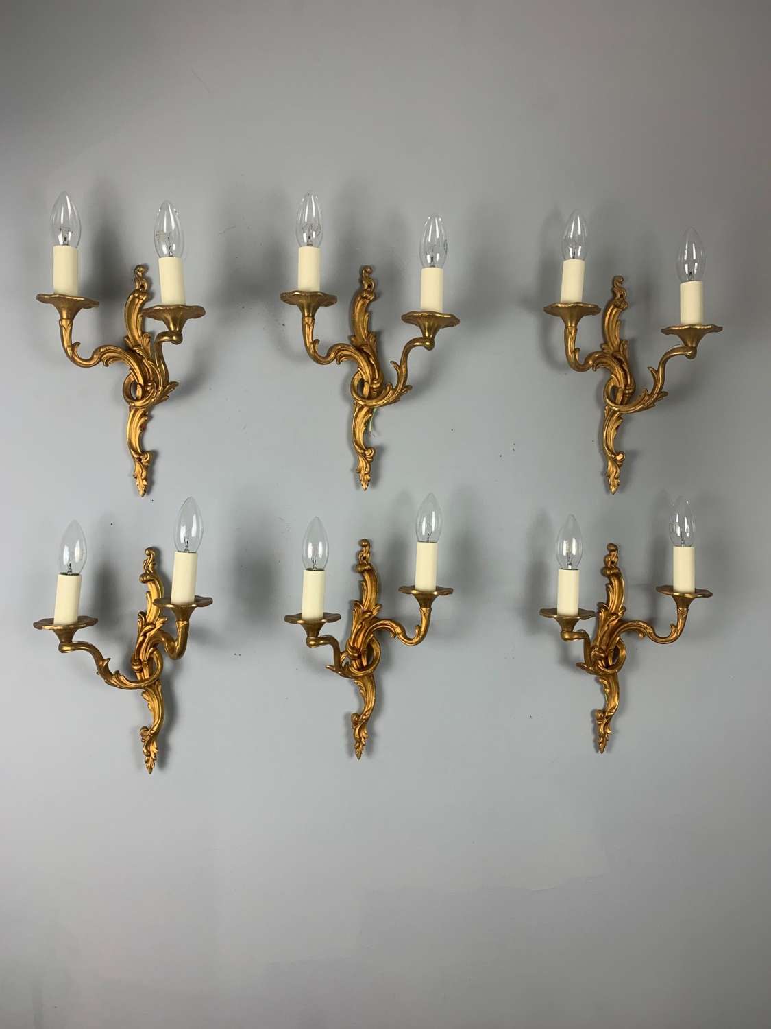 Set Of 6 Gilt Bronze French Antique Wall Lights, Rewired