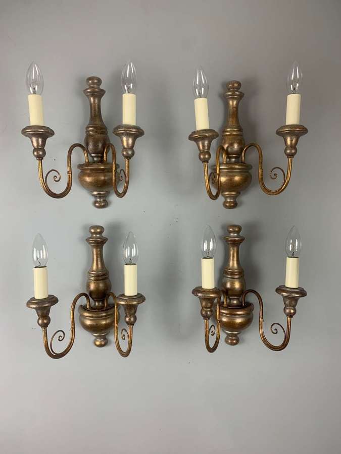 Set Of 4 Italian Polychrome Giltwood Antique Wall Lights, Rewired