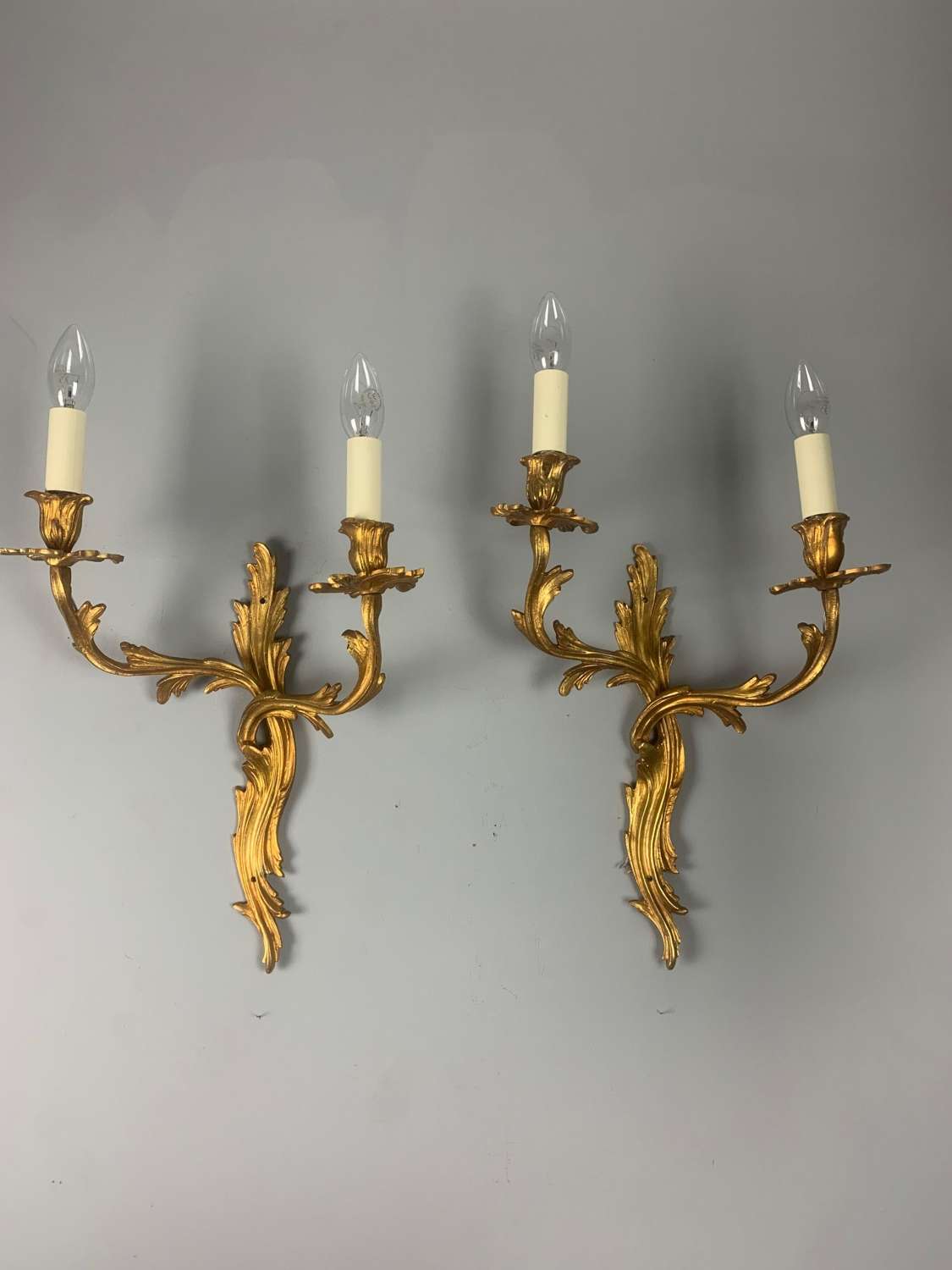 Large Pair Of French Rococo Gilt Bronze Antique Wall Lights, Rewired