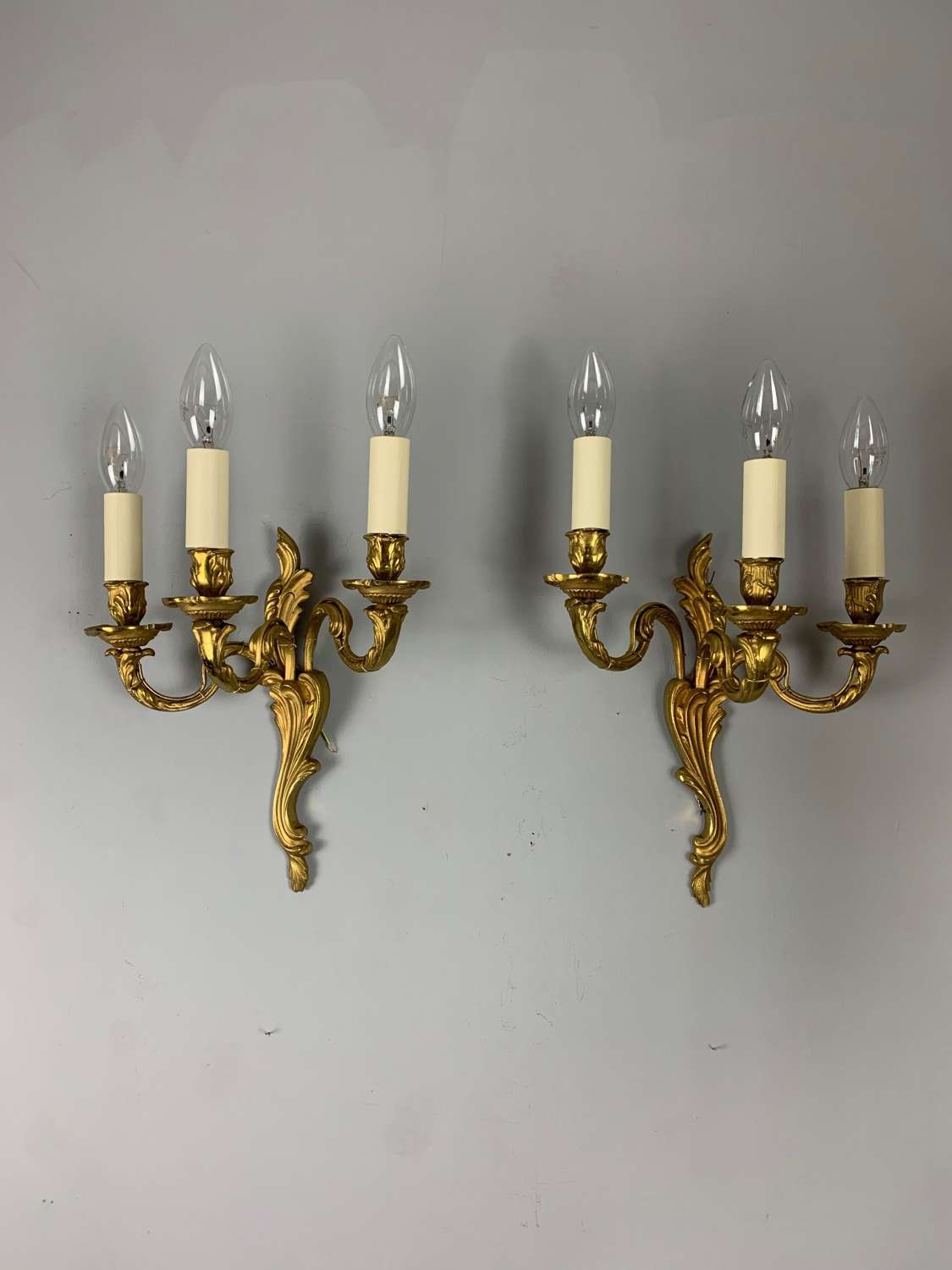 French Pair Of Triple Arm Gilt Brass Antique Wall Lights, Rewired