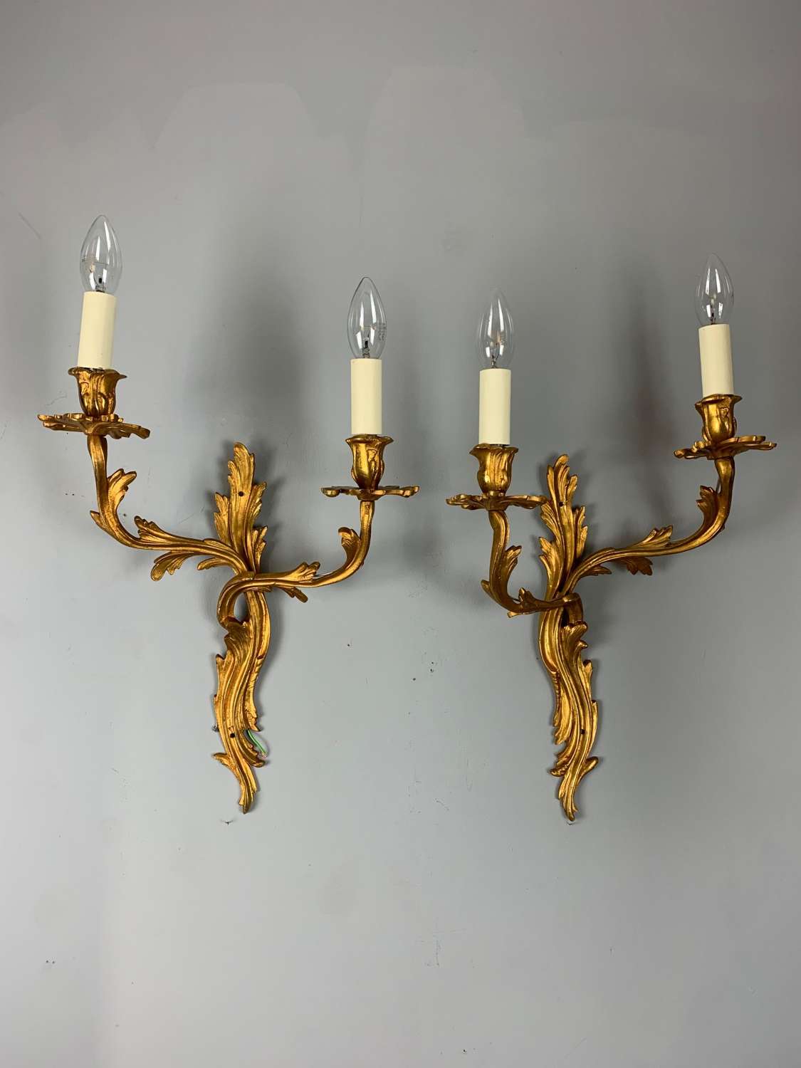 Large Pair Of Opposing French Rococo Gilt Bronze Antique Wall Lights