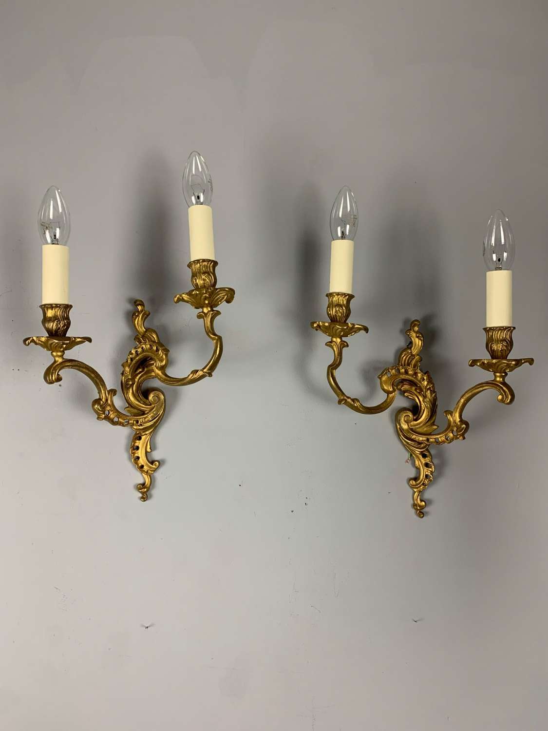 Pair Of French Gilt Brass Rococo Antique Wall Lights, Rewired