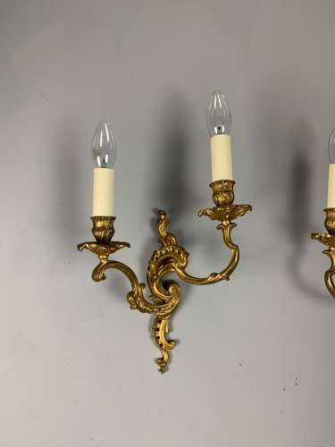 Pair Of French Gilt Brass Rococo Antique Wall Lights, Rewired