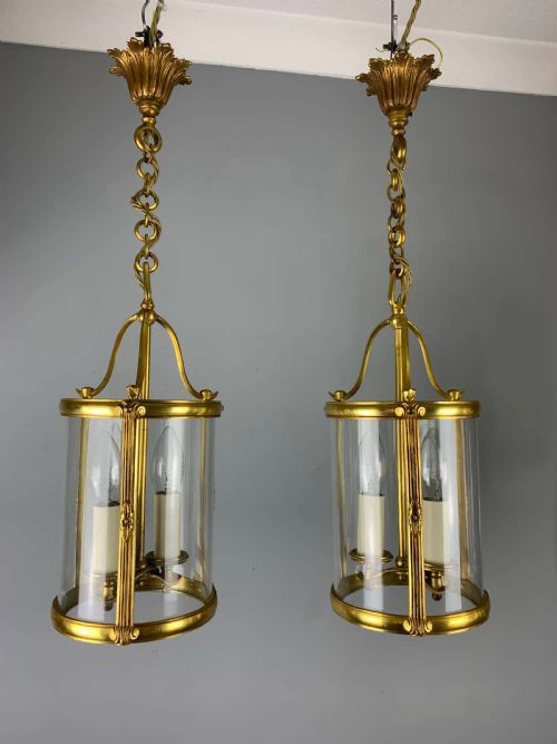 Pair of Small French Gilt Bronze Twin Light Lanterns, Rewired