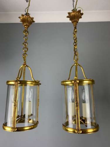 Pair of Small French Gilt Bronze Twin Light Lanterns, Rewired