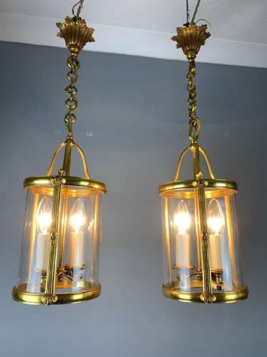 Pair of Small French Gilt Bronze Twin Light Lanterns, Rewired