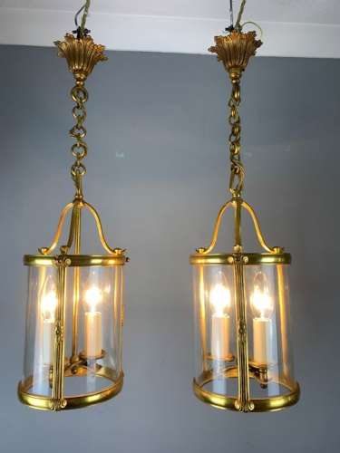 Pair of Small French Gilt Bronze Twin Light Lanterns, Rewired