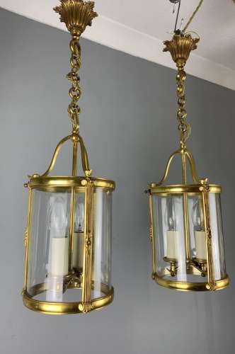Pair of Small French Gilt Bronze Twin Light Lanterns, Rewired