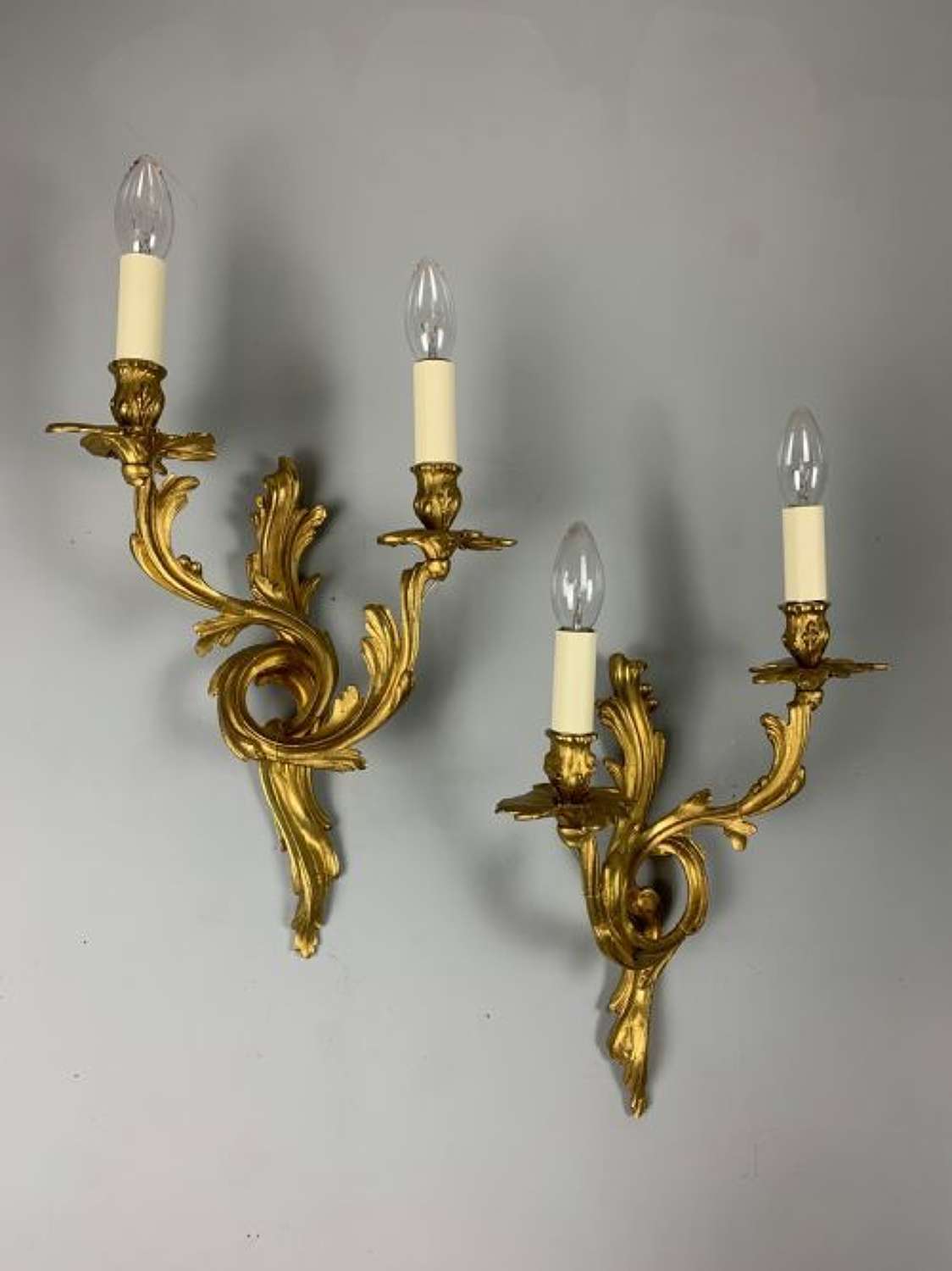 Pair Of French Gilt Brass Antique Wall Lights, Rewired