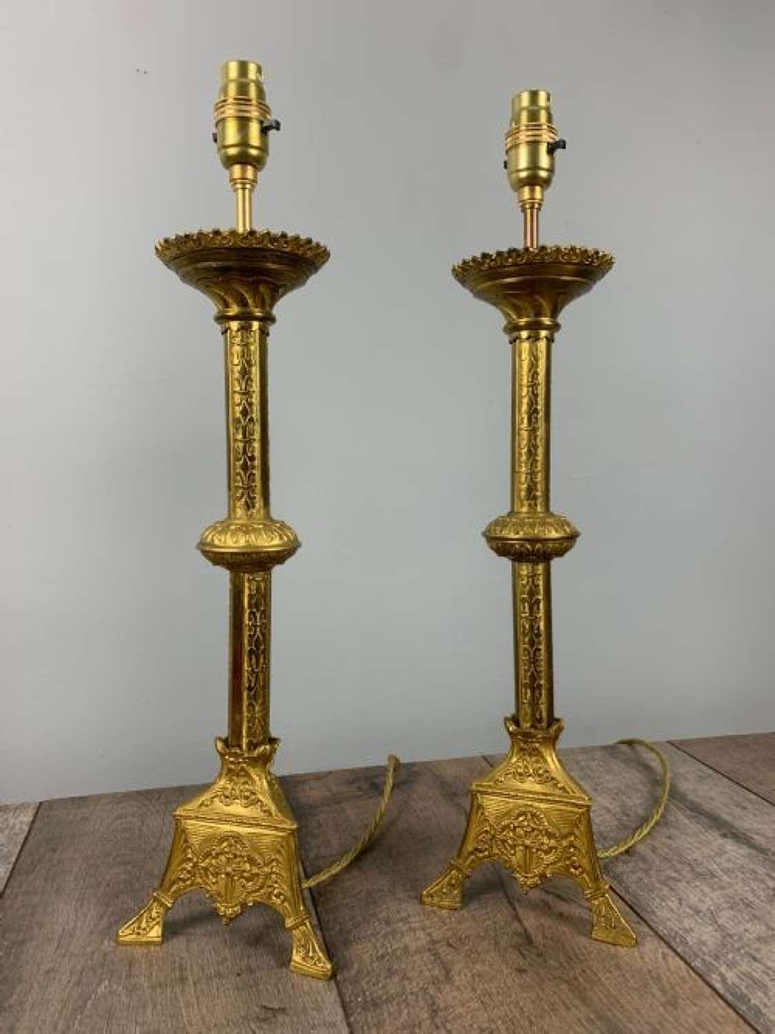 Pair of French Gilt Brass Church Altar Table Lamps, Rewired