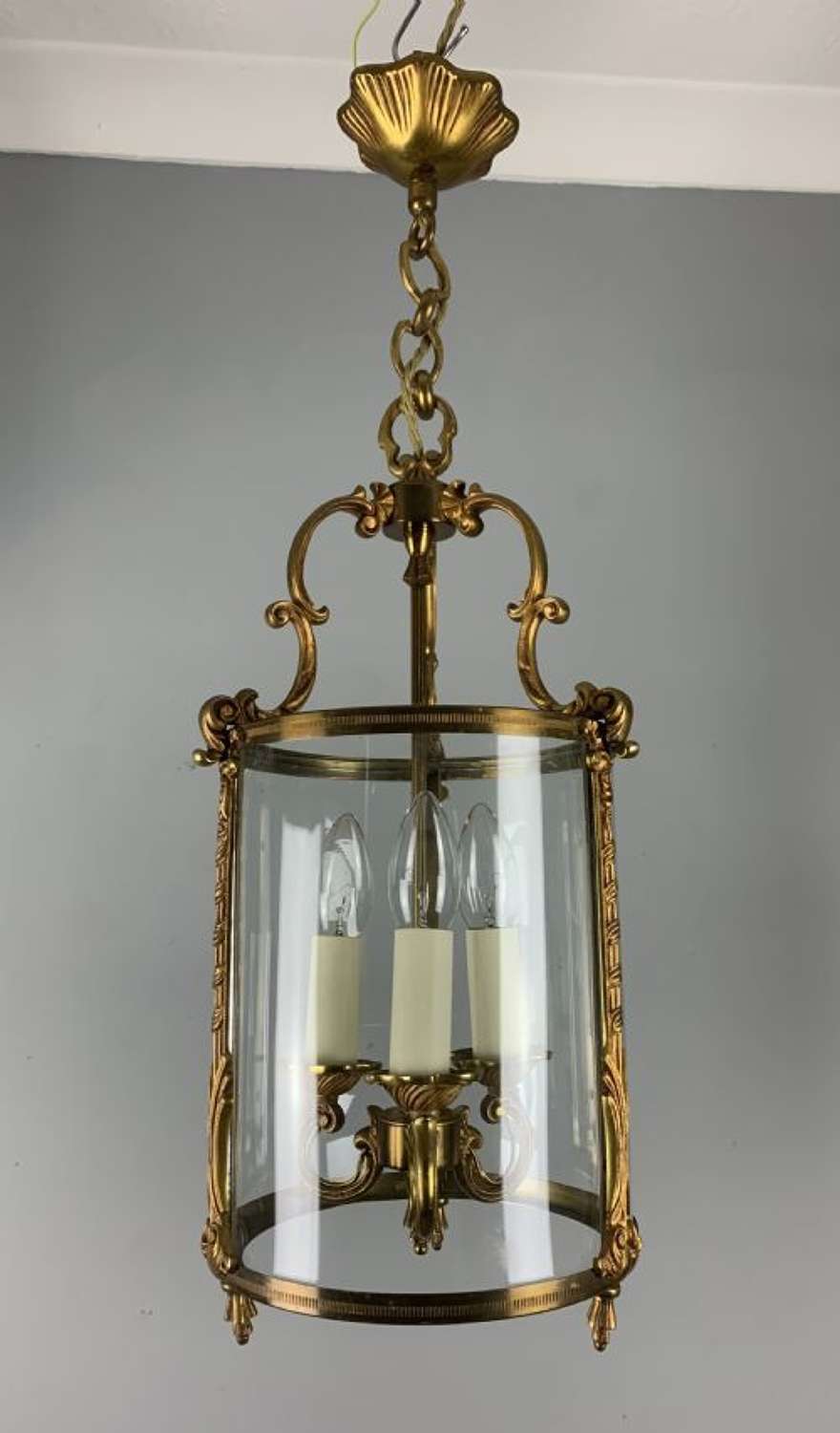 French Gilded Triple Light Convex Antique Hall Lantern