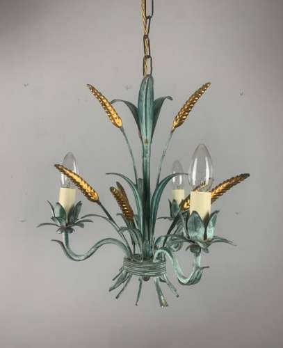 French Wheatsheaf Polychrome Toleware 3 Branch Antique Chandelier