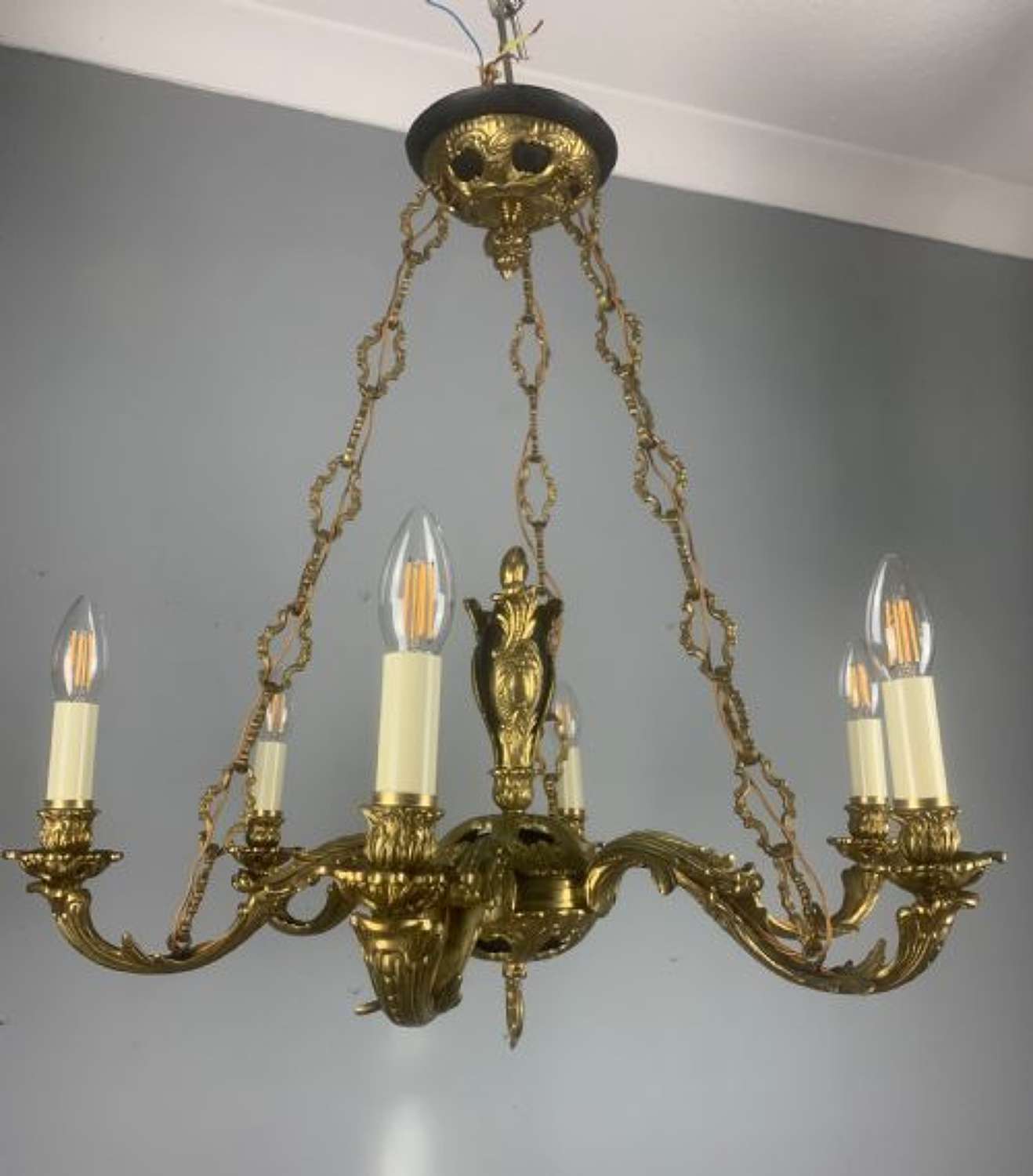 French 6 Light Bronze Antique Chandelier on Chains, Rewired