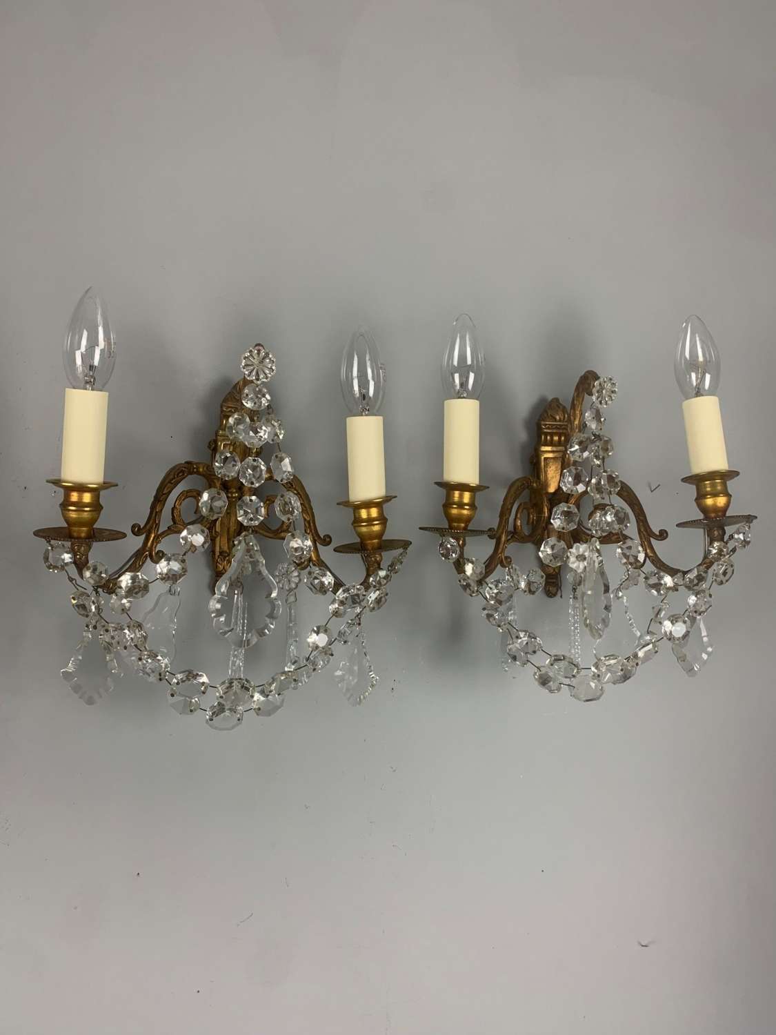 Pair Of French Antique Wall Lights With Crystals