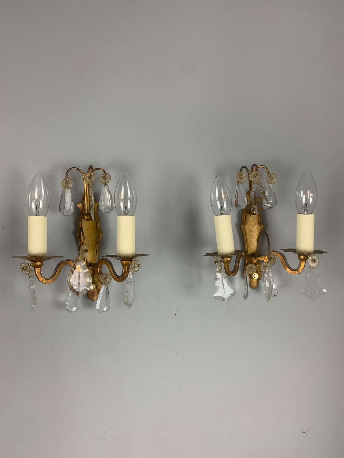 Pair Of French Antique Gilt Brass Wall Lights With Glass Droppers