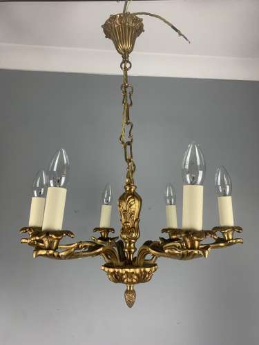 French 6 Light Gilt Brass Antique Chandelier