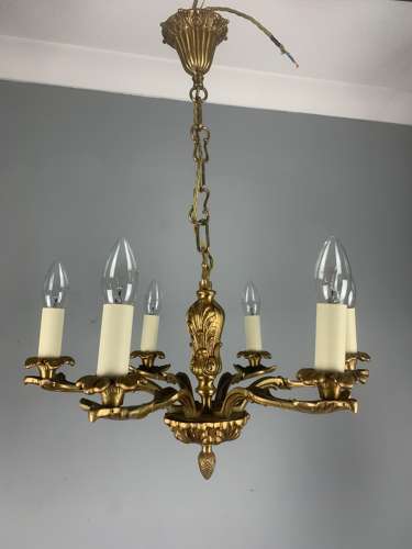 French 6 Light Gilt Brass Antique Chandelier