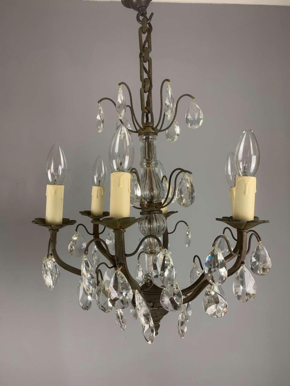French 6 Arm Aged Brass Antique Chandelier