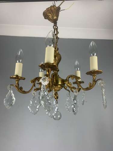 French 5 Arm Antique Chandelier With Glass Droppers