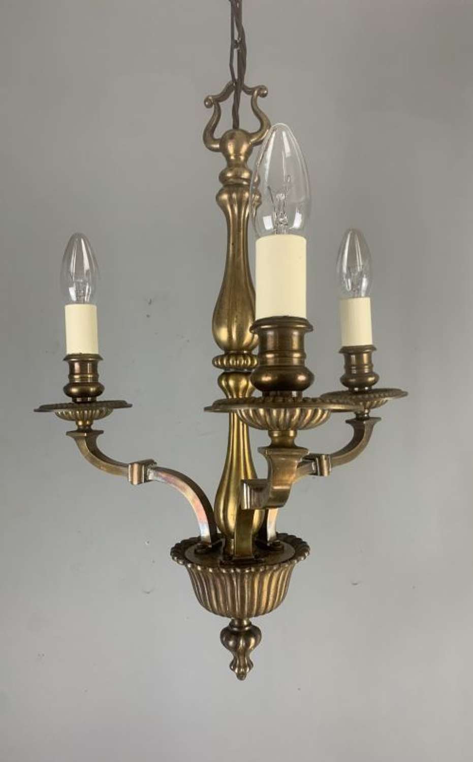 English Aged Brass 3 Light Antique Chandelier, Ceiling Light