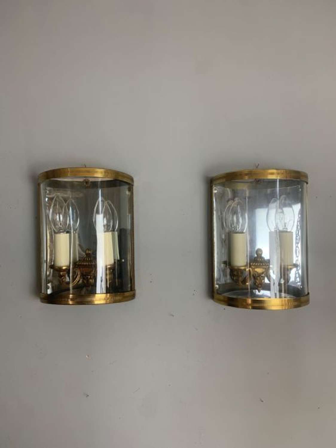 French Pair of Antique Gilded Convex Half Lantern Wall Light