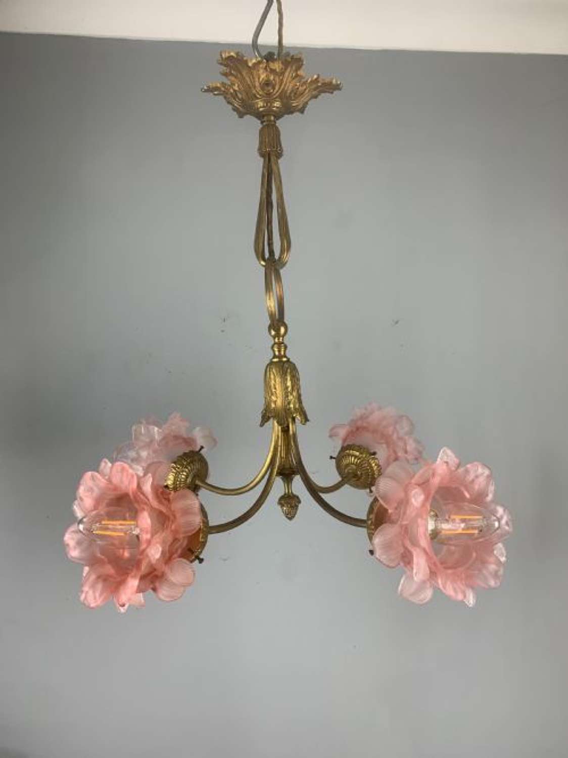 French Antique 4 Light Rose Petal Shade Chandelier, Ceiling Light