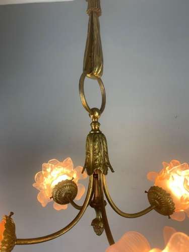 French Antique 4 Light Rose Petal Shade Chandelier, Ceiling Light