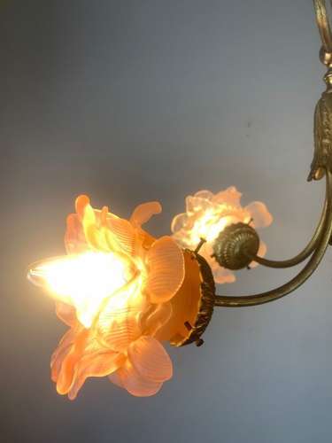 French Antique 4 Light Rose Petal Shade Chandelier, Ceiling Light