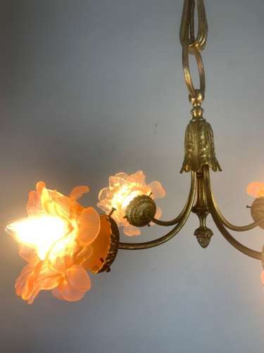 French Antique 4 Light Rose Petal Shade Chandelier, Ceiling Light