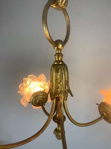 French Antique 4 Light Rose Petal Shade Chandelier, Ceiling Light