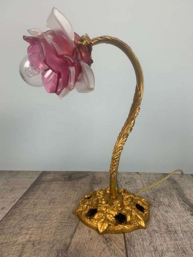 French Antique Gilt Brass Tulip Shade Desk Table Lamp