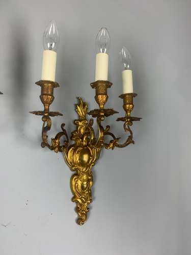 Pair Of French Triple Light Antique Gilt Brass Wall Lights