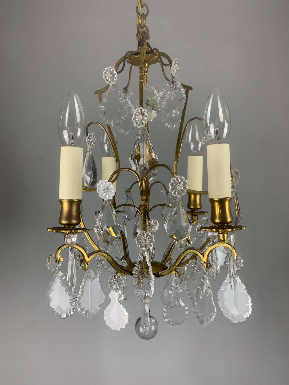 Small French Antique Gilt Brass Birdcage Crystal Chandelier