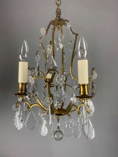 Small French Antique Gilt Brass Birdcage Crystal Chandelier