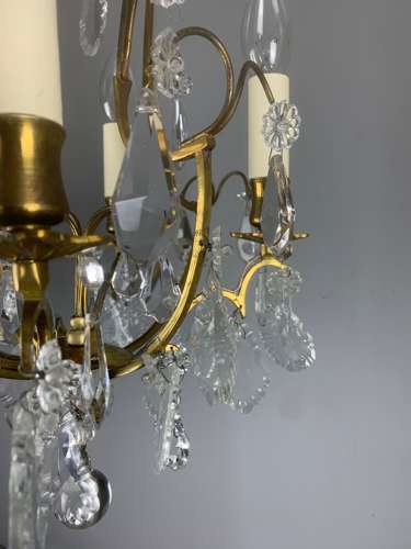 Small French Antique Gilt Brass Birdcage Crystal Chandelier