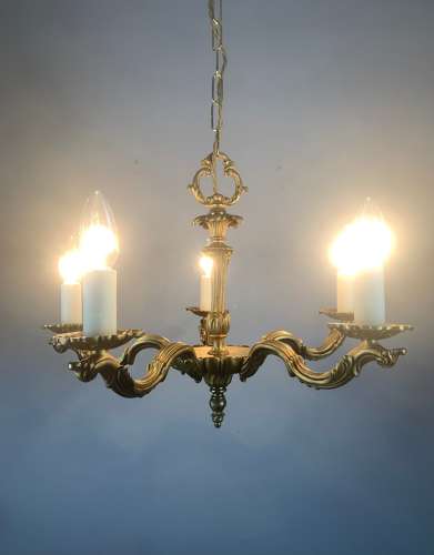 French Gilded Brass 5 Light Antique Chandelier