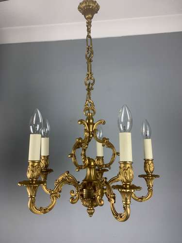 French Gilded Brass 5 Light Antique Chandelier