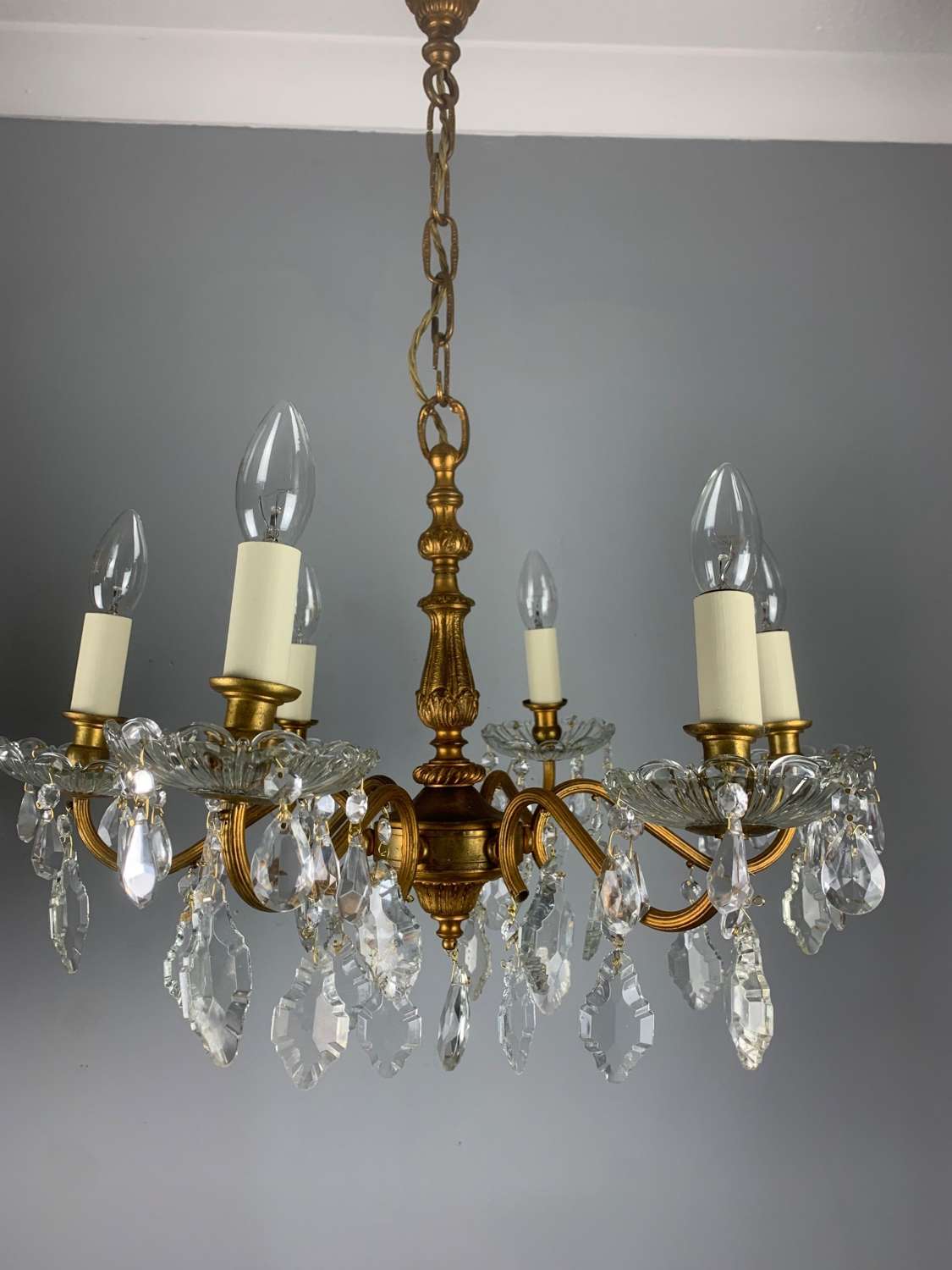 French Gilded Brass 6 Light Antique Crystal Chandelier