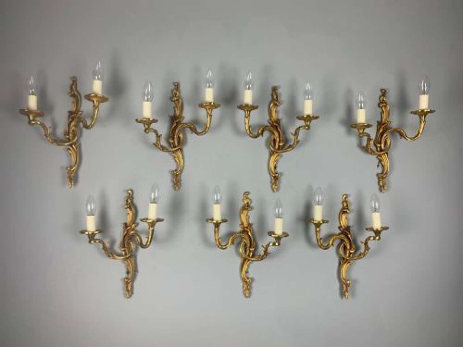 French Set Of 7 Bronze Twin Arm Antique Wall Lights