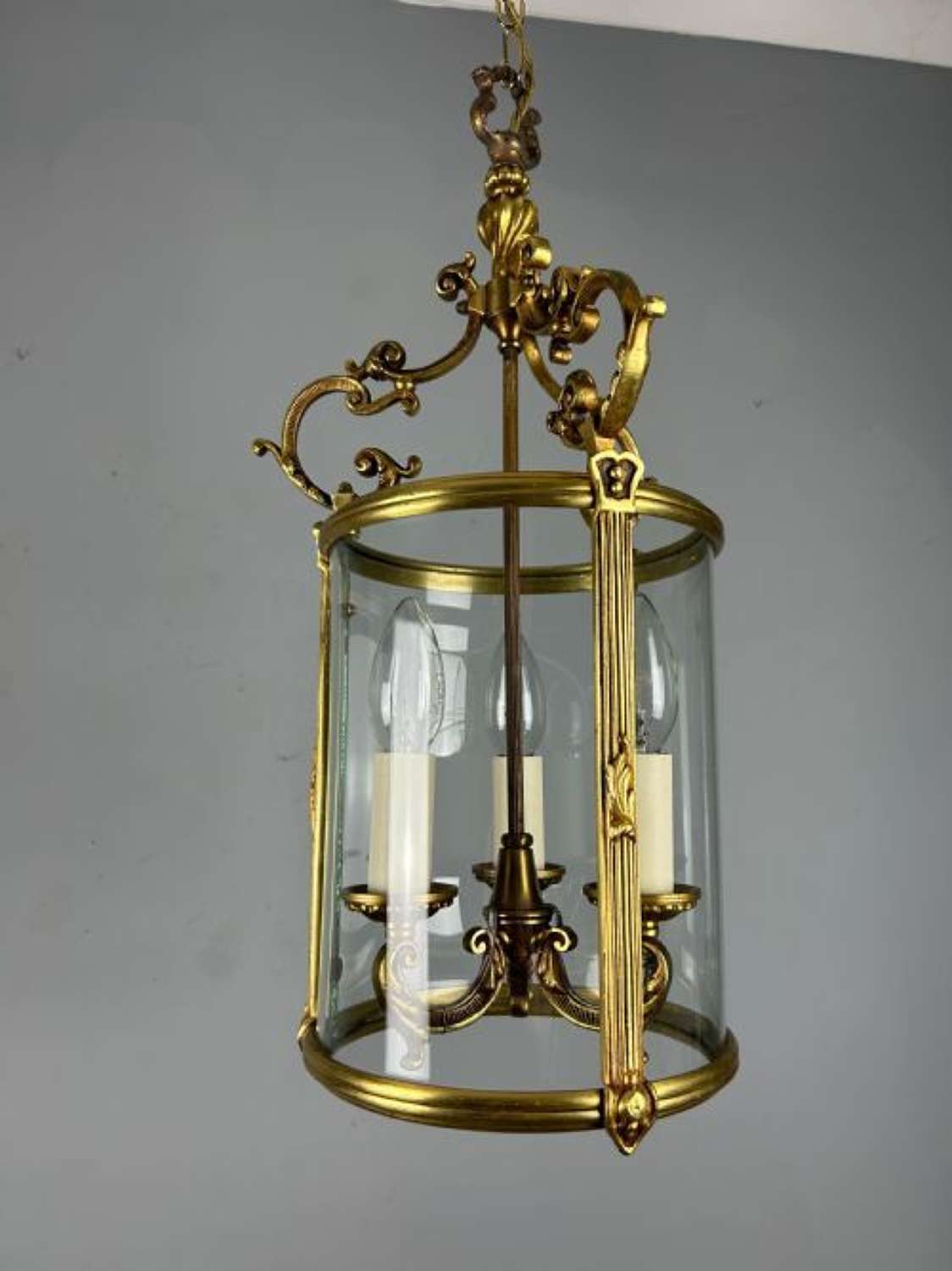 French Gilt Brass Triple Light Antique Lantern