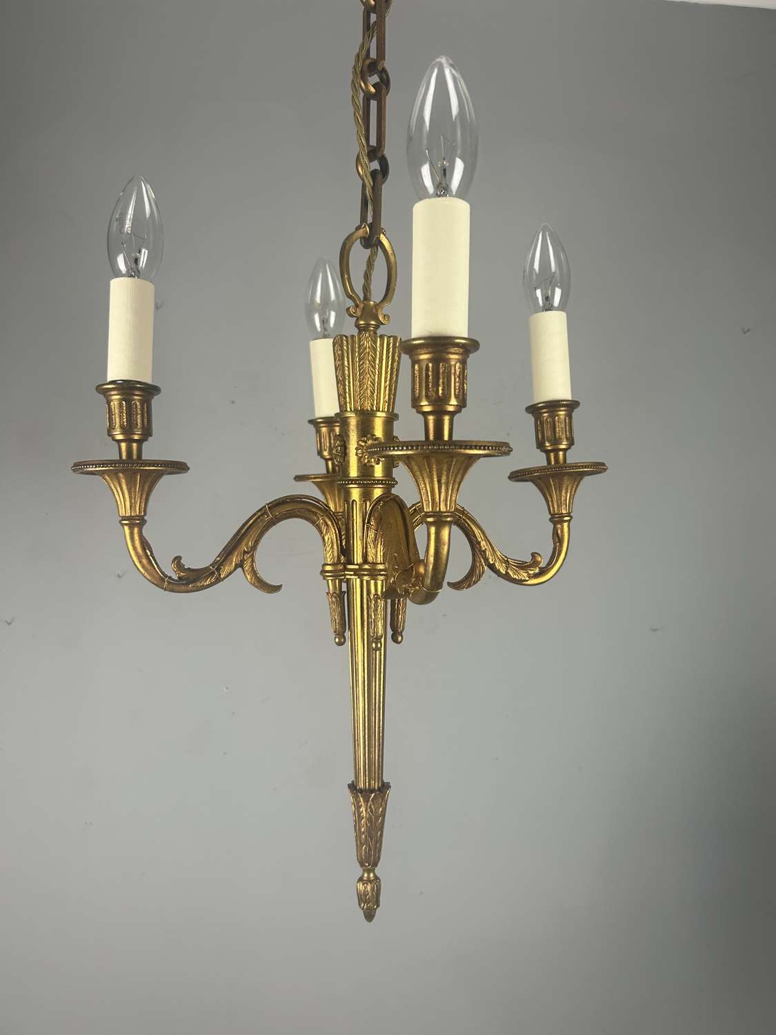 French Empire 4 Arm Gilt Brass Antique Chandelier, Ceiling Light