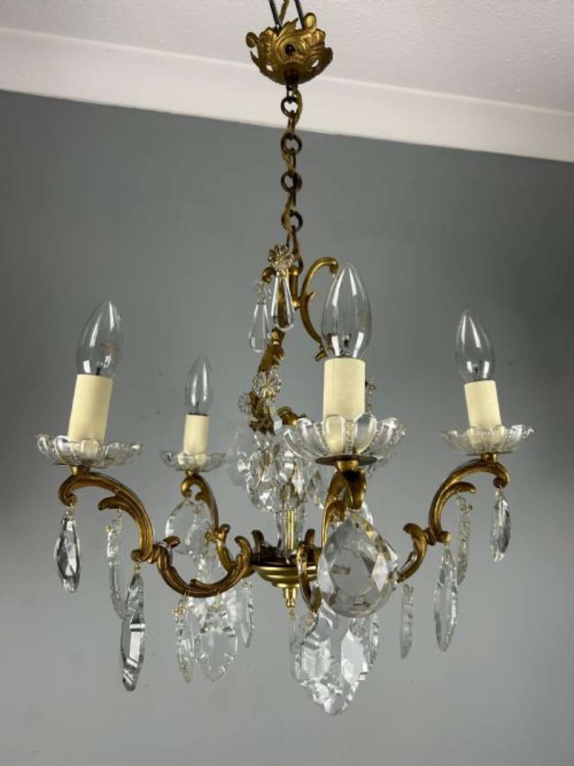 French Gilded Brass 5 Light Antique Crystal Chandelier