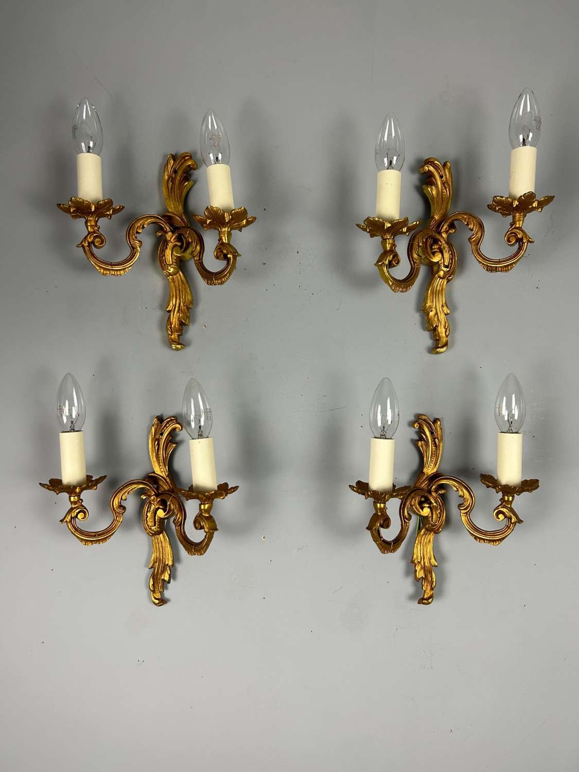 Set Of 4 French Gilded Twin Arm Antique Wall Lights