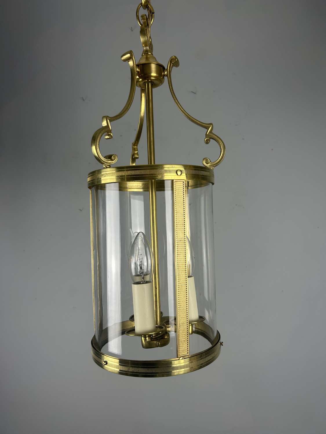 French Polished Brass Triple Light Antique Hall Lantern
