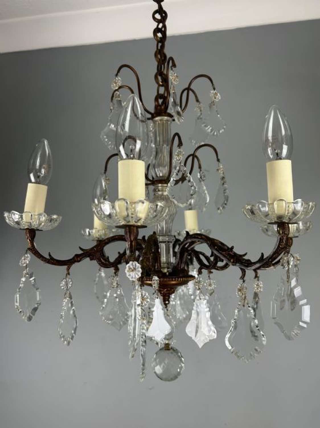 French Bronzed Crystal 6 Light Antique Chandelier